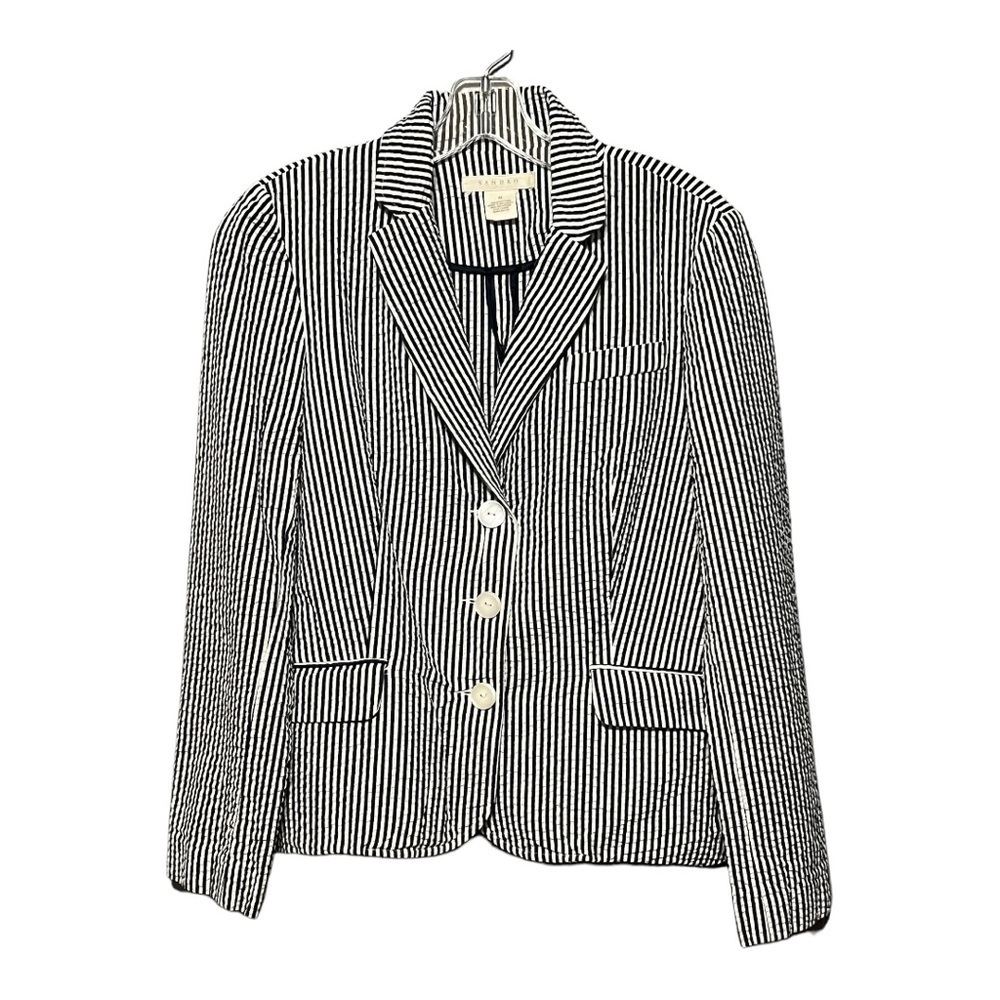 Sandro Navy White Striped Seersucker Blazer Medium Cotton Single‑Breasted